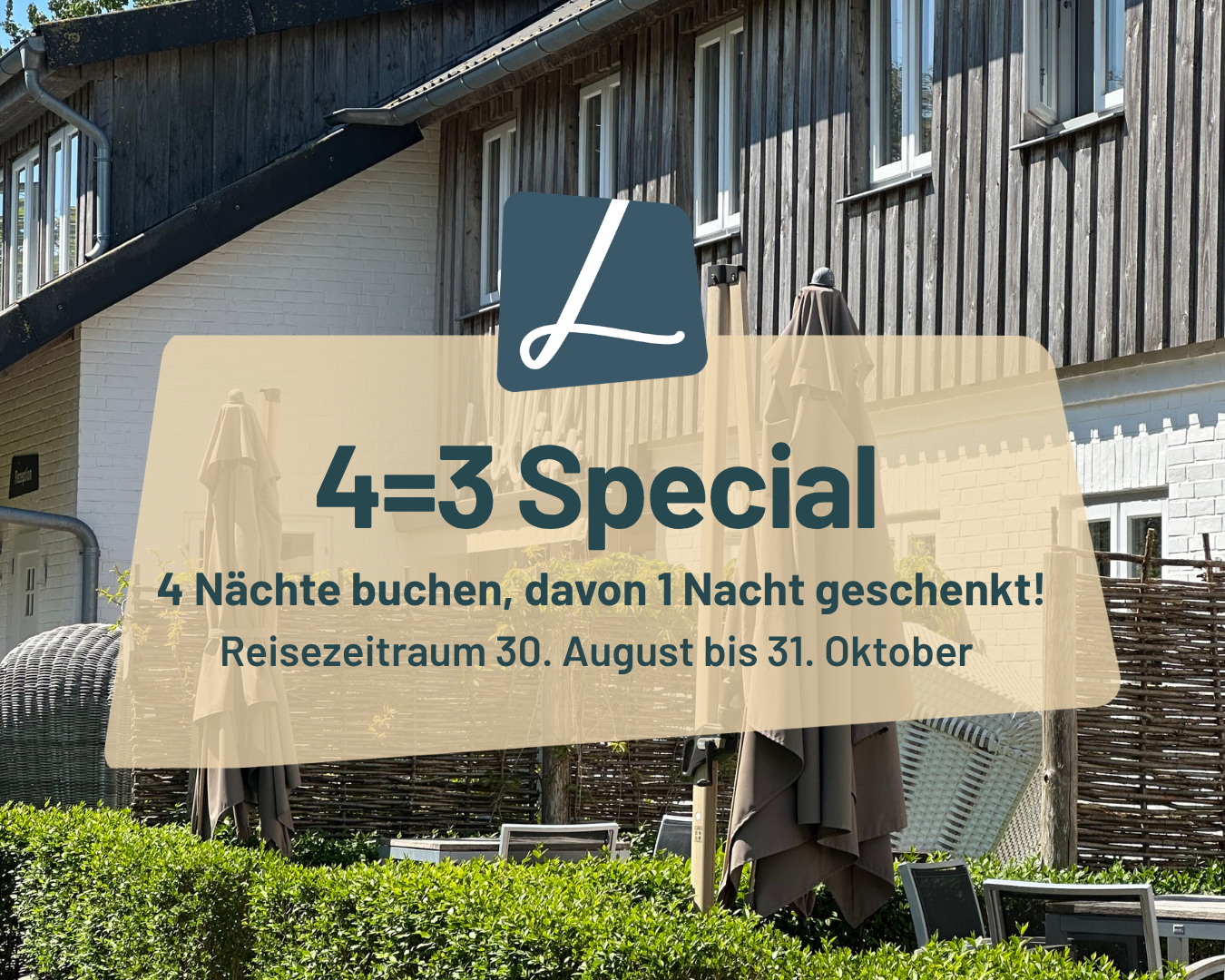 Visual mit Hotelbild im Hintergrund, Logo und einem Text der 4=3 bewirbt.